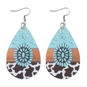 Boho Turquoise & Cow Print Faux Leather Teardrop Earrings